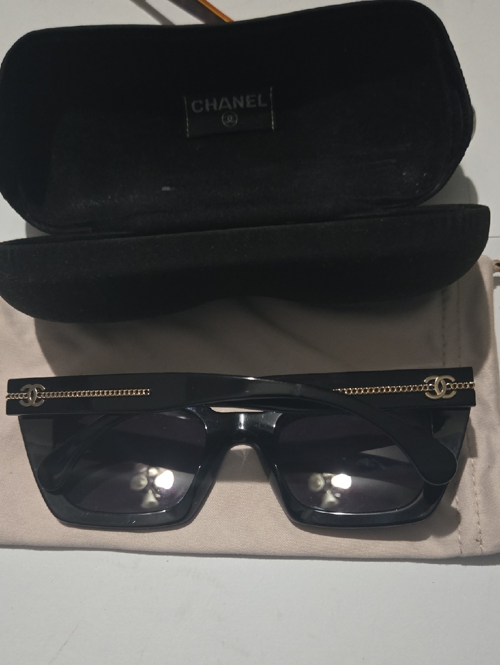 CHANEL Black Square Frame Sunglasses with Slivertone Temple Accents